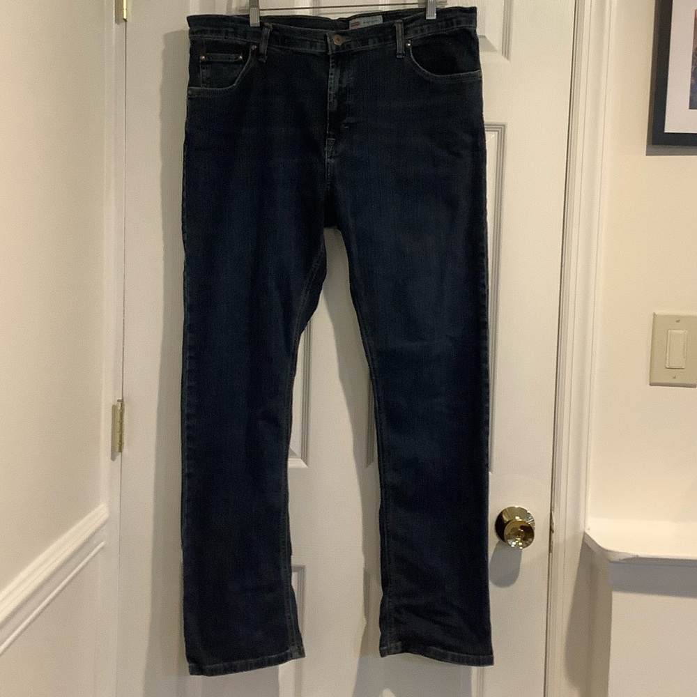 WRANGLER Men’s Dark Wash Slim Straight Stretch Workwear Denim Jeans 38x32